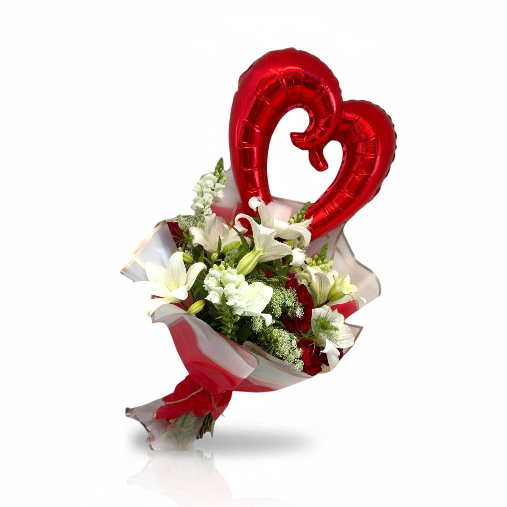 Love in the Air red roses and white lilies bouquet with heart balloon – Blue Flowers Egypt
