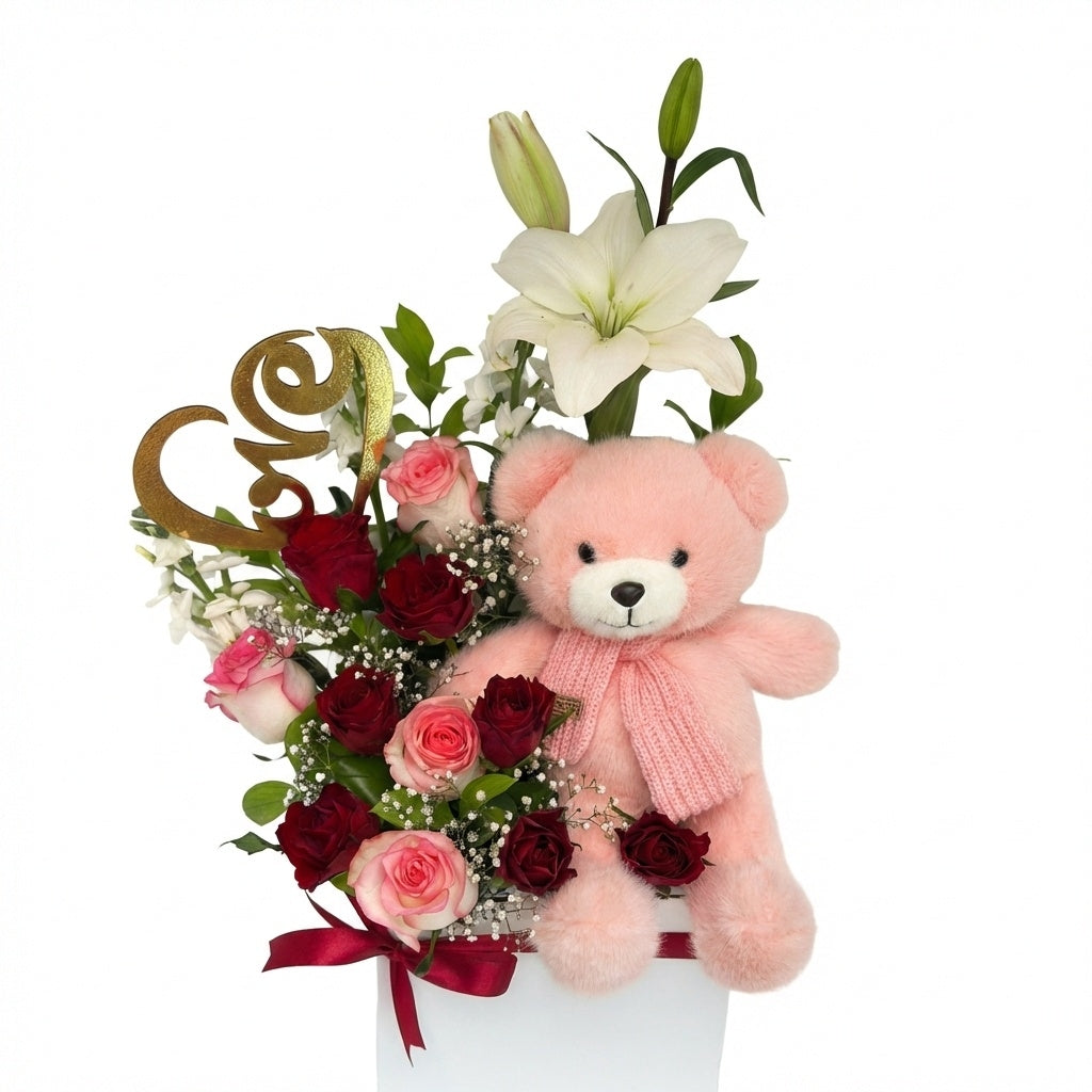 Valentine & Ramadan Roses Box – Teddy Gift luxury flowers DELIVERY TO Cairo AND Egypt