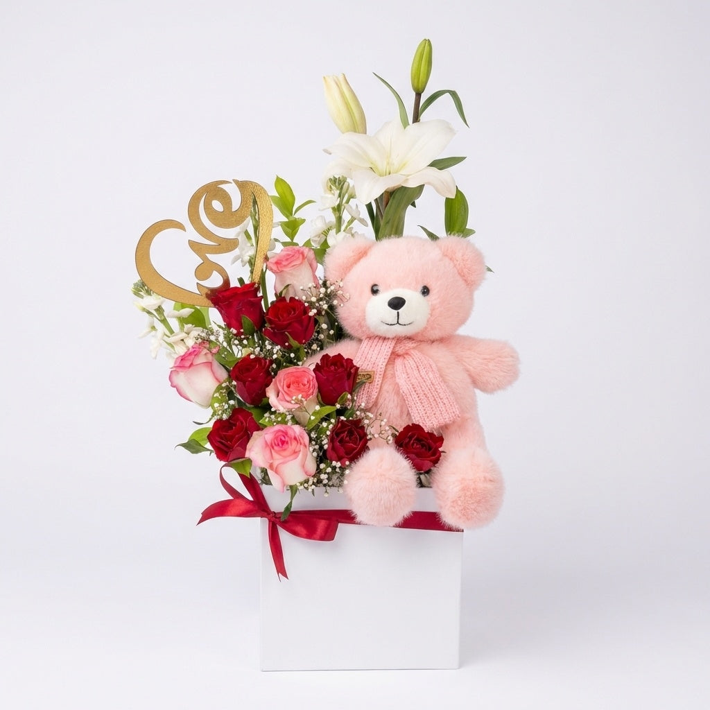 Valentine & Ramadan Roses Box – Teddy Gift luxury flowers DELIVERY TO Cairo AND Egypt
