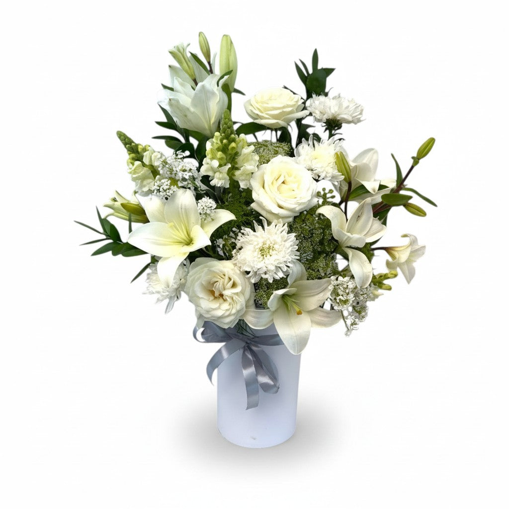 White Whisper elegant white lilies and roses flower arrangement – Blue Flowers Egypt