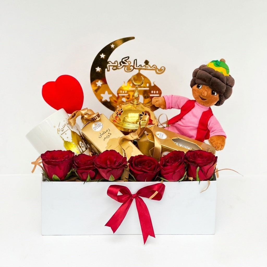 Ramadan & Valentine Rose Gift Box with Chocolates luxury flowers DELIVERY TO Cairo AND Egypt