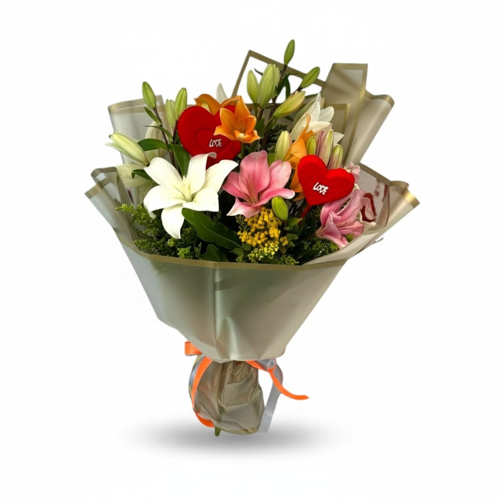 Love Notes colorful lilies bouquet with red heart accents – Blue Flowers Egypt