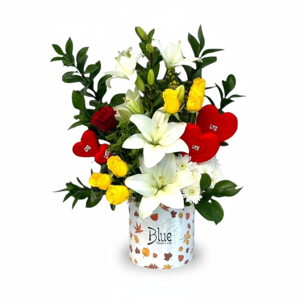 Love in Bloom white lilies and colorful roses with heart accents – Blue Flowers Egypt