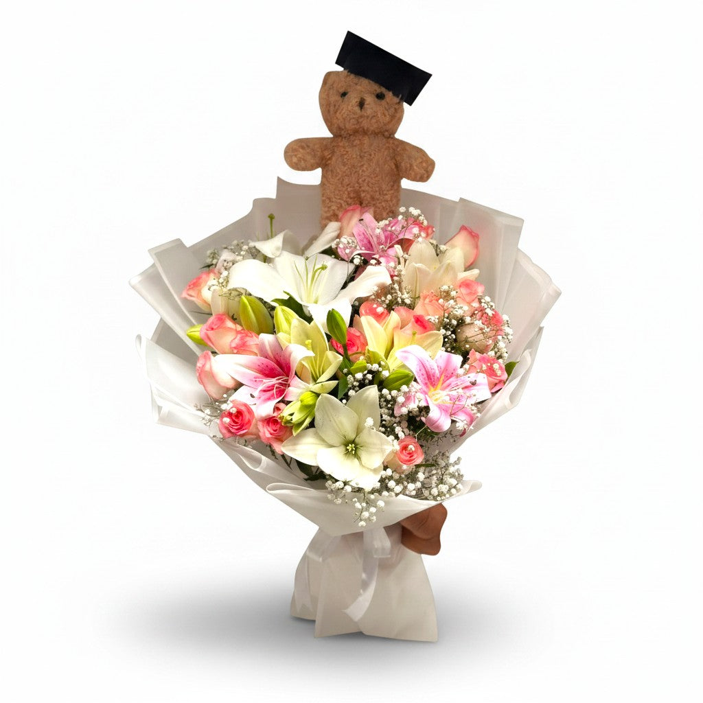 Blush Reverie With Bear Hand Bouquet luxury flowers DELIVERY TO Cairo AND Egypt