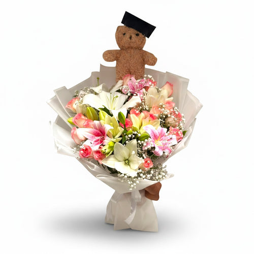 Blush Reverie With Bear Hand Bouquet luxury flowers DELIVERY TO Cairo AND Egypt