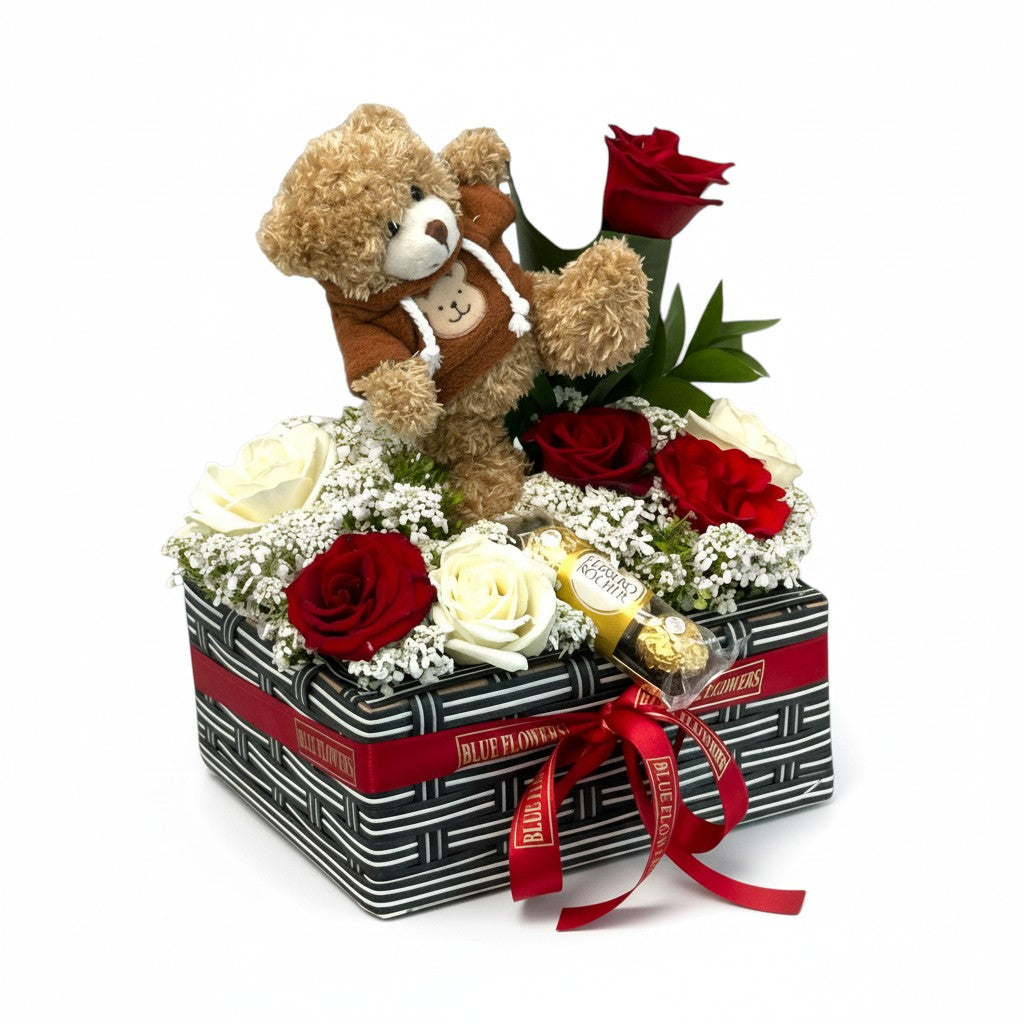 Bear With Love red and white roses with teddy bear and chocolate gift basket – Blue Flowers Egypt