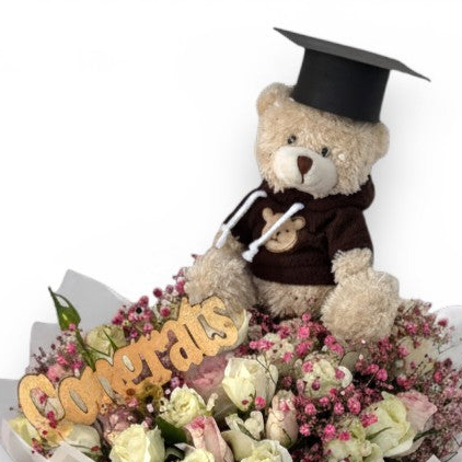 Golden Keepsake With Bear Hand Bouquet luxury flowers DELIVERY TO Cairo AND Egypt