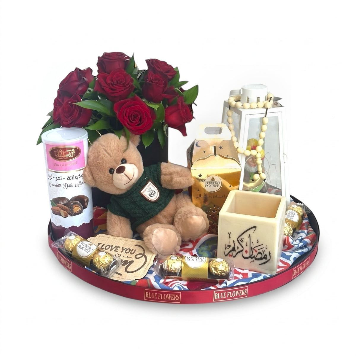 Ramadan Hug red roses teddy bear chocolates and Ramadan gift tray – Blue Flowers Egypt