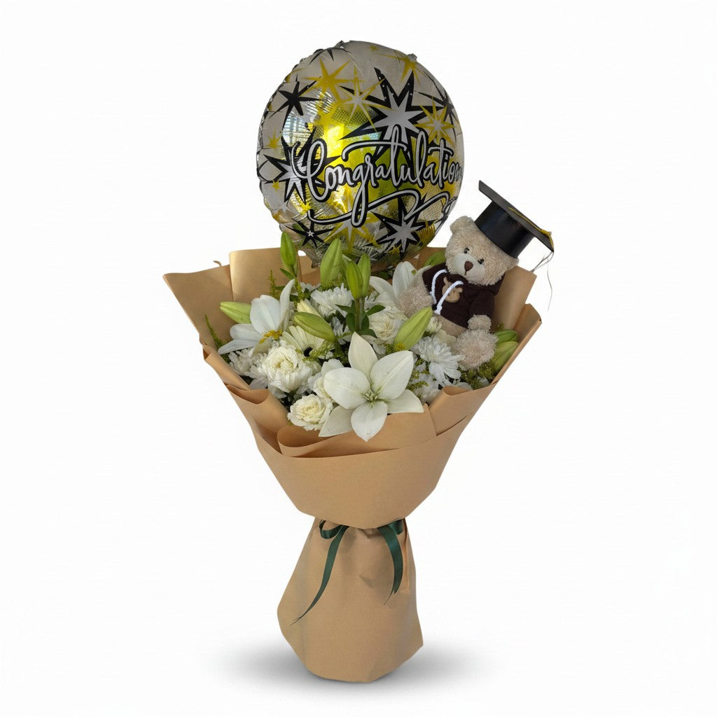 Ivory Whisper With Balloon & bear Hand Bouquet luxury flowers DELIVERY TO Cairo AND Egypt