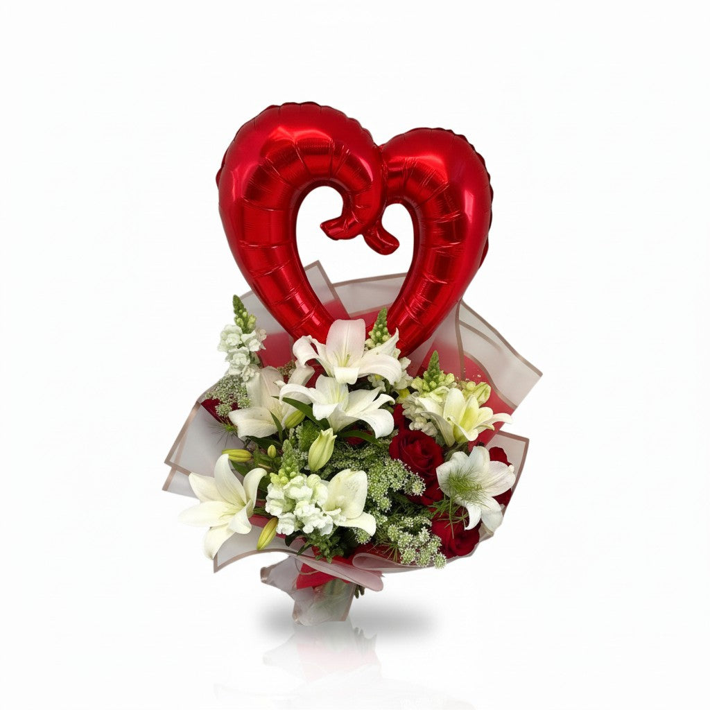 Love in the Air red roses and white lilies bouquet with heart balloon – Blue Flowers Egypt