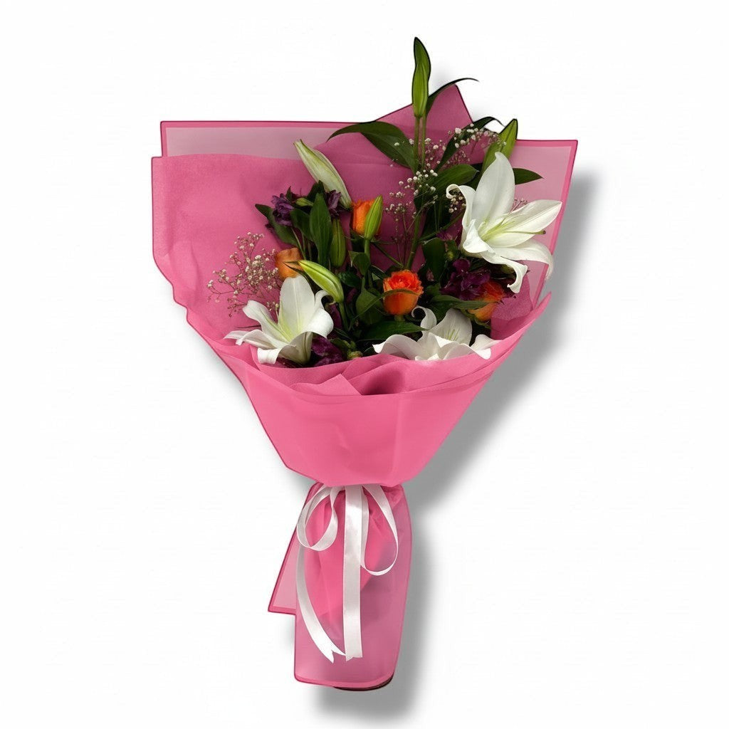 Violet Radiance Pink wrapping Hand Bouquet luxury flowers DELIVERY TO Cairo AND Egypt