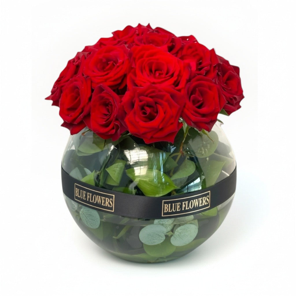 The Red Affair red roses in glass vase – Blue Flowers Egypt